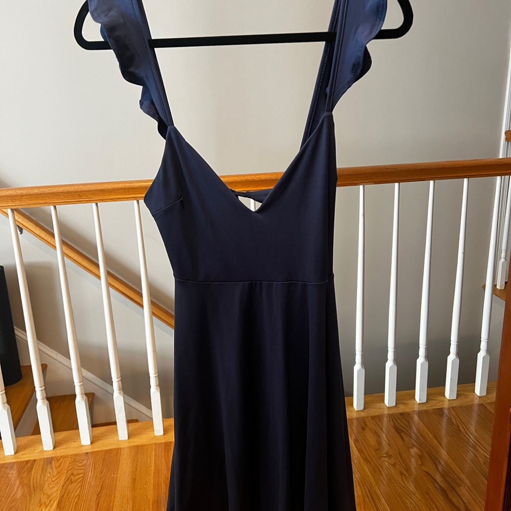 Navy open back sundress with ruffle straps